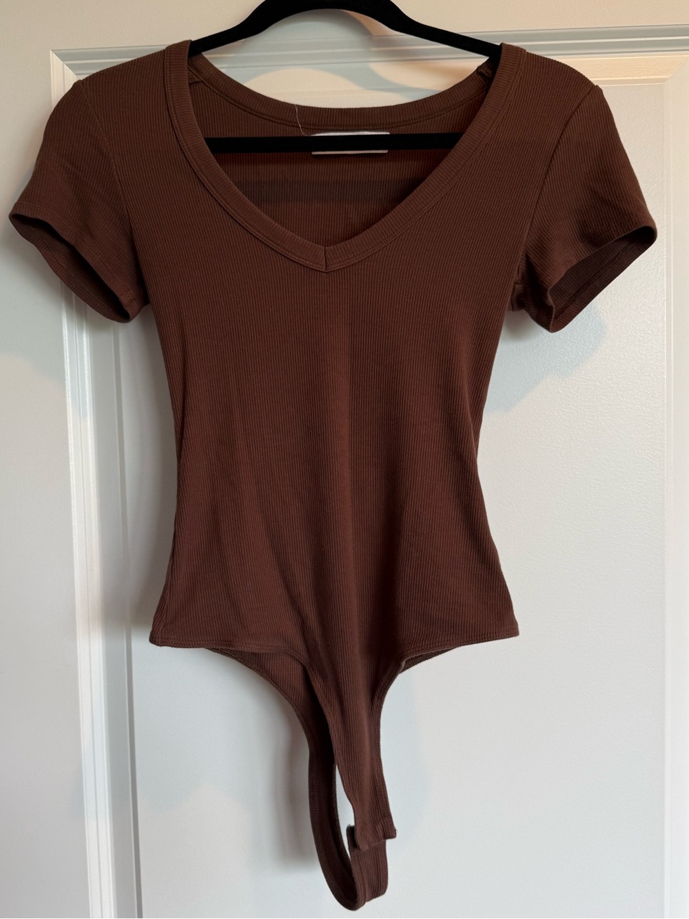Elodie Chocolate Brown Ribbed V-Neck Short Sleeve Bodysuit
